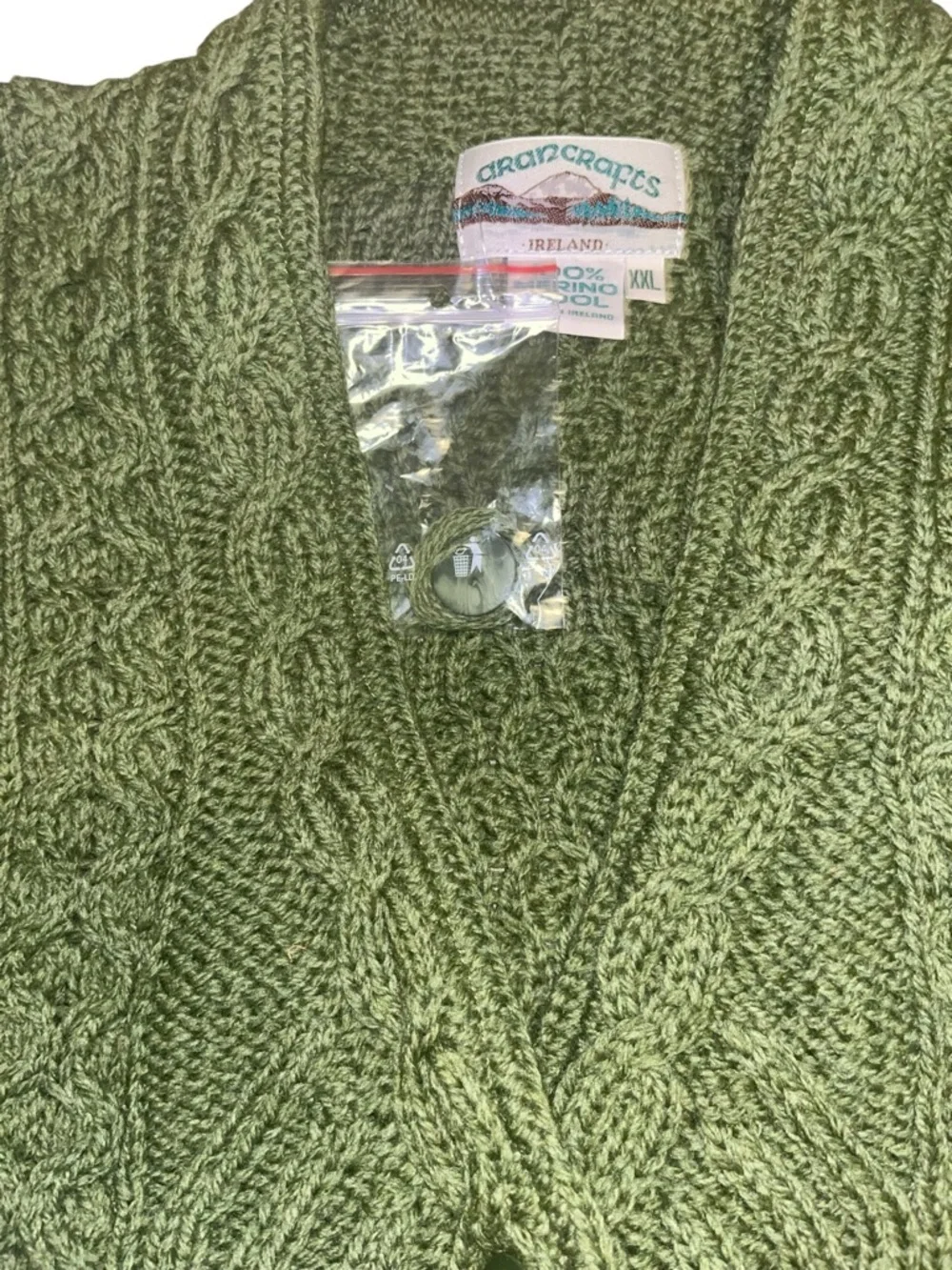 Aran Crafts XXL Olive Green Irish Cable Knit Button Coat Cardigan